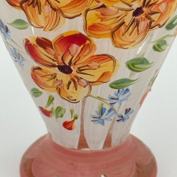 Tracy Porter Hand Painted Clear Blown Glass Bud Vase Floral Flowers Ruffled Edge - Picture 3 of 10